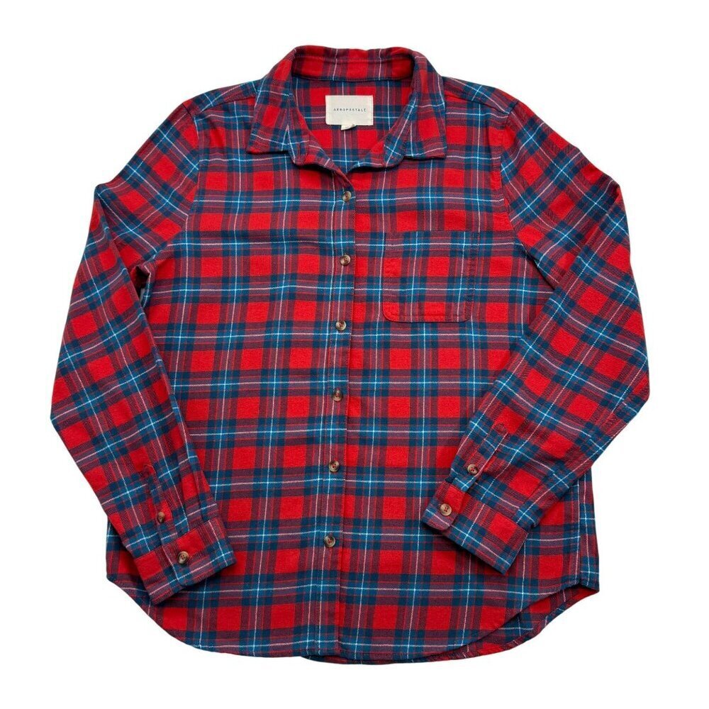Aeropastale Plaid Flannel Shirt Button Up Cabin Grunge Red Blue Womens L